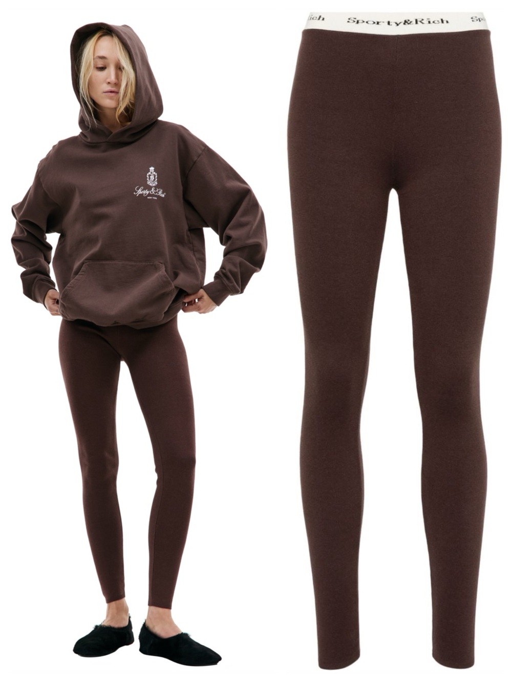 NEW Sporty & Rich Serif Logo Ribbed Knit Legging Chocolate Brown NWT. Sk16